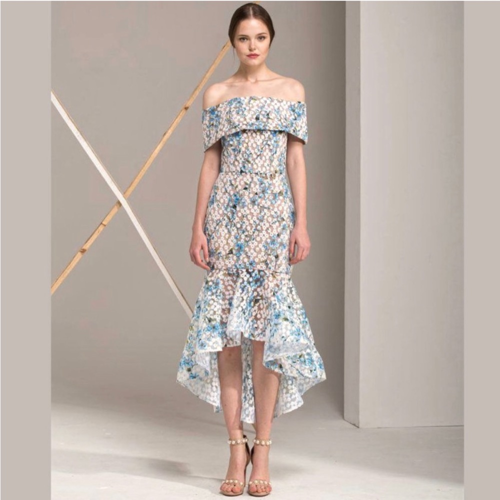 Bronx and Banco Dress Sky Blue White Floral Embroidered Off Shoulder Hi Low Hem